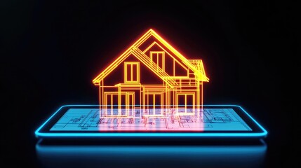 Poster - Building house on blueprint with vignetting and construction concept. A digital model of a house displayed on a smartphone screen.