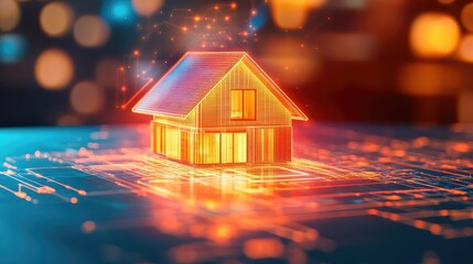 Aufkleber - Building house on blueprint under plan and architecture concept. A futuristic house model illuminated on a digital surface.