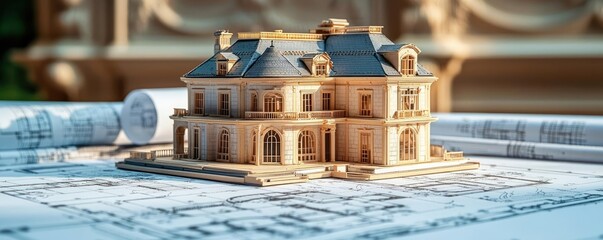 Aufkleber - Building house on blueprint with vignetting and construction concept. A detailed model house on architectural blueprints showcasing design.