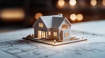 Aufkleber - Building house on blueprint with a focus on architecture and vignetting concept. A detailed model house on architectural blueprints.