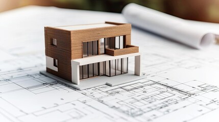 Aufkleber - Building house on blueprint with vignetting and construction concept. Detailed architectural model on blueprint showcasing modern design.