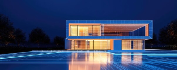 Aufkleber - Building house on blueprint with vignetting and construction concept. Modern architecture design with illuminated facade at night.