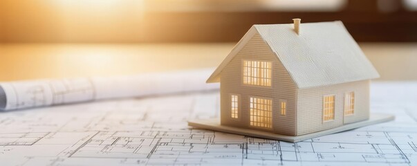 Aufkleber - Building house on blueprint with vignetting and construction concept. Model home on blueprint under warm sunlight for real estate concepts.