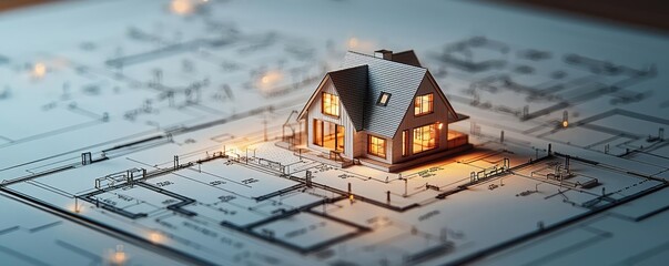 Aufkleber - Building house on blueprint under plan and architecture concept. A model house illuminated on architectural blueprints at night.