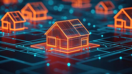 Poster - Building house on blueprint with a focus on architecture and vignetting concept. Futuristic home design with digital elements and solar panels.