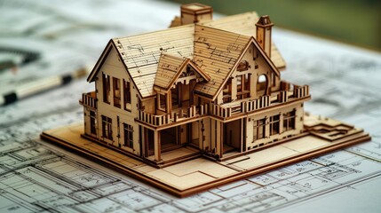 Aufkleber - Building house on blueprint under plan and architecture concept. Detailed wooden model of a house on architectural blueprints.