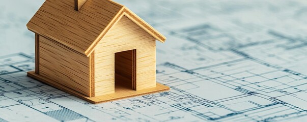 Poster - Building house on blueprint with vignetting and construction concept. Wooden house model placed on architectural blueprint background.