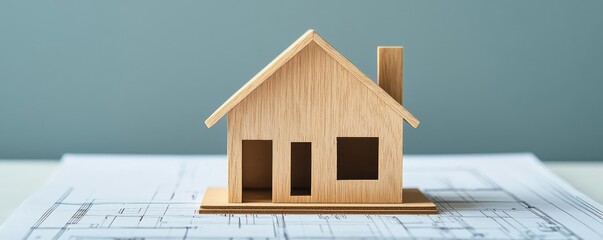 Aufkleber - Building house on blueprint with vignetting and construction concept. A wooden house model on top of architectural blueprints.
