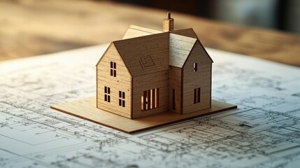 Aufkleber - Building house on blueprint with a focus on architecture and vignetting concept. A wooden model house on architectural blueprints for design.
