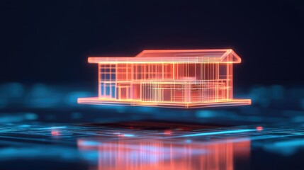 Aufkleber - Building house on blueprint under plan and architecture concept. Futuristic digital model of a house glowing in neon colors.