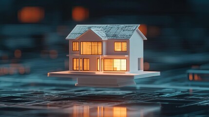 Aufkleber - Building house on blueprint under plan and architecture concept. A captivating model house glowing against a digital backdrop.