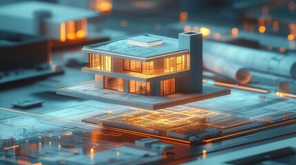 Aufkleber - Building house on blueprint with a focus on architecture and vignetting concept. Modern architectural design featuring a futuristic house model.