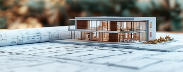 Aufkleber - Building house on blueprint with a focus on architecture and vignetting concept. Architectural model on blueprints showcasing modern design.