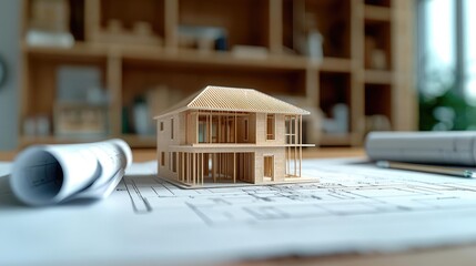 Aufkleber - Building house on blueprint under plan and architecture concept. A detailed wooden house model placed on architectural blueprints.