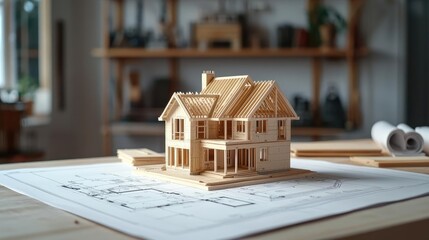 Aufkleber - Building house on blueprint under plan and architecture concept. A detailed wooden model of a house on architectural plans.