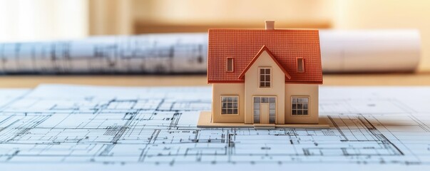 Aufkleber - Building house on blueprint under plan and architecture concept. A miniature house model on architectural blueprints, symbolizing design.
