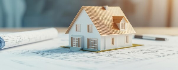 Aufkleber - Building house on blueprint under plan and architecture concept. A miniature house model on architectural blueprints showcasing design.