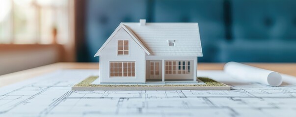 Aufkleber - Building house on blueprint under plan and architecture concept. A detailed model house on blueprints illustrating design concepts.