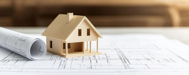 Aufkleber - Building house on blueprint with a focus on architecture and vignetting concept. A model house on architectural blueprints showcasing design.