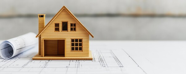 Poster - Building house on blueprint with a focus on architecture and vignetting concept. A miniature wooden house model on architectural blueprints.