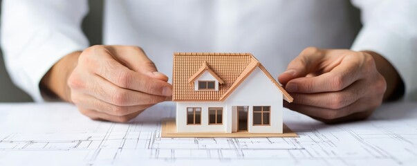 Poster - Building house on blueprint with vignetting and construction concept. Hands carefully adjusting a miniature house model on blueprints.