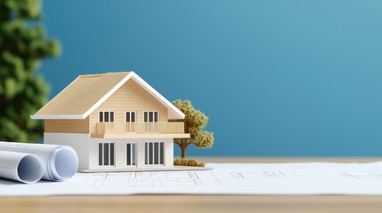 Aufkleber - Building house on blueprint under plan and architecture concept. A miniature house model on blueprints against a simple background.