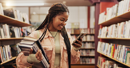 Poster - Education, phone and student black woman in library to search for books or study material. App, learning and social media with happy person on college or university campus for school scholarship