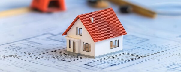 Aufkleber - Building house on blueprint with a focus on architecture and vignetting concept. Miniature house model on architectural blueprint and tools.