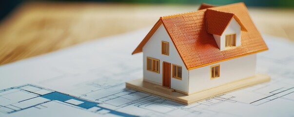 Aufkleber - Building house on blueprint with vignetting and construction concept. A model house with plans for construction on a wooden table.
