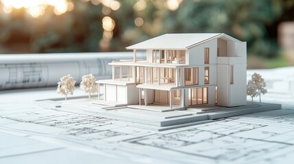 Aufkleber - Building house on blueprint under plan and architecture concept. A detailed architectural model of a modern house design.