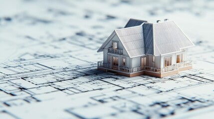 Aufkleber - Building house on blueprint with a focus on architecture and vignetting concept. A detailed model house on top of architectural blueprints.