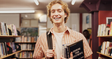 Poster - Portrait, man and student with book in library for learning, financial study and business course. Person, finance textbook and knowledge with investment information, education exam and growth advice