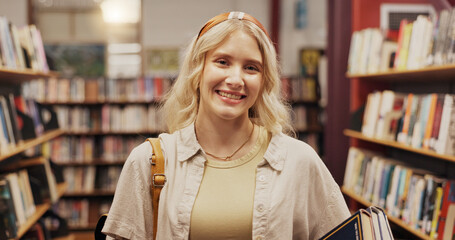 Poster - Portrait, woman and student with books in library for literature, research and study for knowledge. Person, smile and novel for academic information, scholarship and learning for education assignment