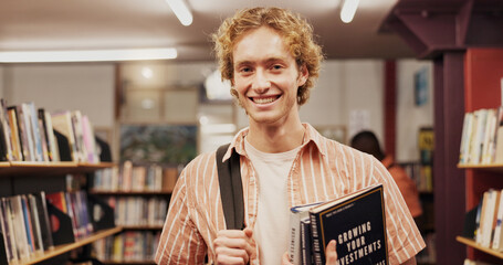 Poster - Portrait, smile and student with books in library for learning, financial study and business course. Man, finance textbook and knowledge with investment information, education exam and growth advice