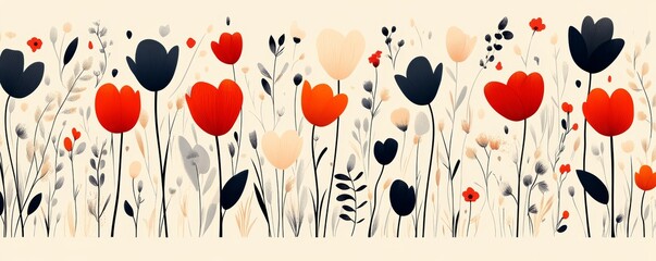 Poster - Peaches and red flowers are arranged in a seamless pattern on a white background
