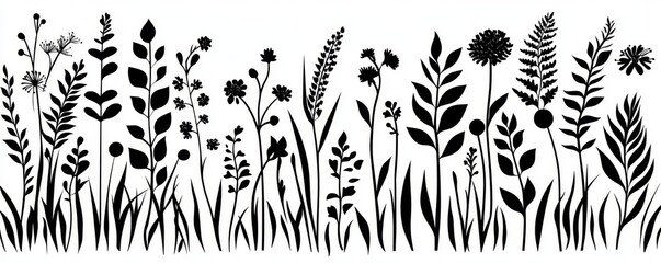 Poster - Black and white textile design with a repeating pattern of monochrome flowers and leaves