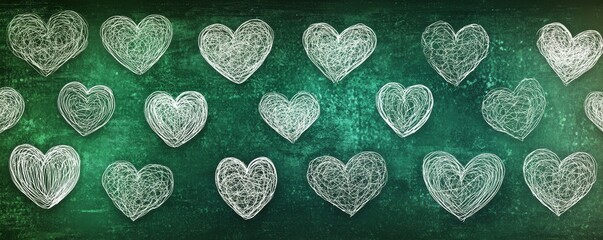 Poster - White Outlined Hearts Set Against a Dark Teal Green Background with an Abstract Pattern