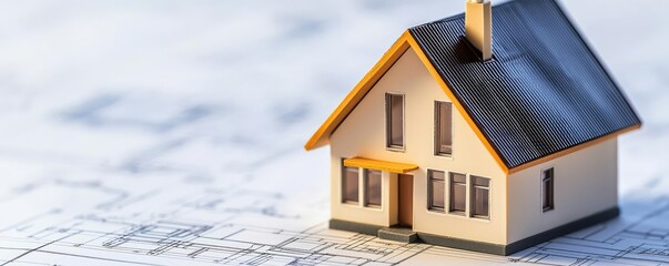 Aufkleber - Building house on blueprint with vignetting and construction concept. A model house on architectural blueprints symbolizing construction.