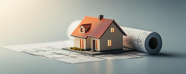 Aufkleber - Building house on blueprint with a focus on architecture and vignetting concept. A model house on blueprints showcasing architectural design.