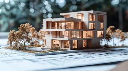 Aufkleber - Building house on blueprint under plan and architecture concept. A detailed architectural model showcasing modern design elements.