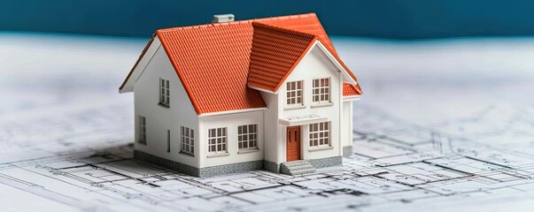 Aufkleber - Building house on blueprint under plan and architecture concept. A miniature house model on architectural blueprints and plans.