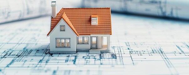 Aufkleber - Building house on blueprint under plan and architecture concept. Small model house on architectural blueprints for design projects.