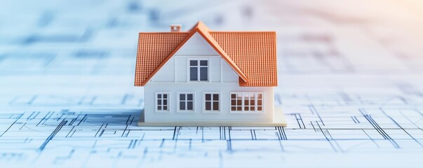 Aufkleber - Building house on blueprint under plan and architecture concept. A model house on blueprints ready for architectural design.