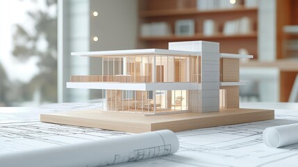 Aufkleber - Building house on blueprint with a focus on architecture and vignetting concept. Modern architectural model showcasing innovative design concepts.