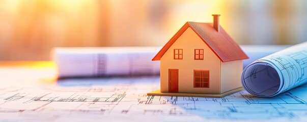 Aufkleber - Building house on blueprint with vignetting and construction concept. Miniature house model on blueprints with natural sunlight.