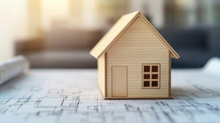 Aufkleber - Building house on blueprint with a focus on architecture and vignetting concept. A miniature wooden house on architectural blueprints indoors.