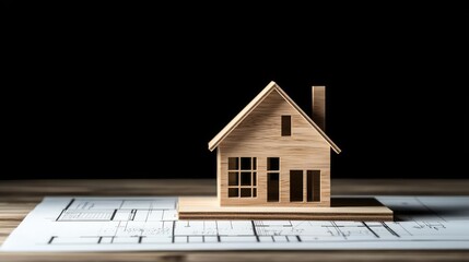 Aufkleber - Building house on blueprint with vignetting and construction concept. A wooden house model on top of architectural blueprints.