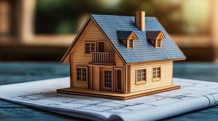 Aufkleber - Building house on blueprint under plan and architecture concept. A detailed wooden model house showcased on a blueprint.