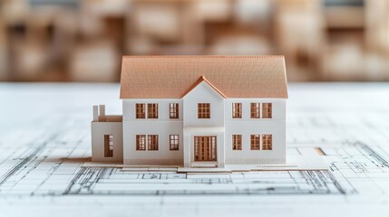 Aufkleber - Building house on blueprint with vignetting and construction concept. A miniature house model on an architectural blueprint table.