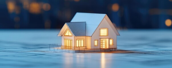 Aufkleber - Building house on blueprint under plan and architecture concept. A miniature house model illuminating the surroundings at night.